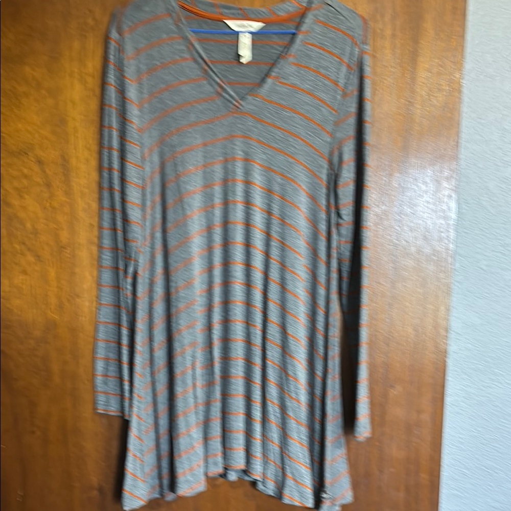 Gray and Orange Striped V-Neck Top